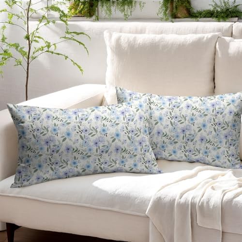 Light Blue Pillow Covers 12x20 Set of 2 Spring Floral Throw Pillow Covers Vintage Pillowcase Linen Decoration Farmhouse Soft Decorative Purple Green Cushion Case Couch for Indoor Outdoor Home Decor - Image 3