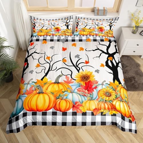 Fall Pumpkin Harvest Kids Duvet Cover Set Twin Size,Sunflowers Maple Leaves Autumn Bedding Set,Girls Boys Adults Room/Cabin Decor,Wooden Plank Grids Comforter Cover,Rustic Quilt Cover,1 Pillowcase - Image 4