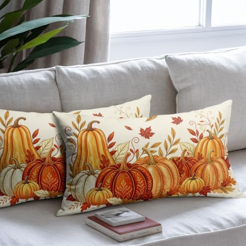 Fall Pumpkin Pillow Covers 12x20 Set of 2 Vintage Burnt Orange Maple Leaves Outdoor Throw Pillows Covers Autumn Thanksgiving Cream Farmhouse Decorative Farmhouse Cushion Case for Room Couch Sofa - Image 7