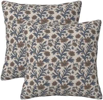 KiuLoam Blue Brown Vintage Floral Pillow Covers 16x16 Inch Set of 2 Antique Flowers Block Print Rustic Farmhouse Decorative Throw Pillows Neutral Outdoor Square Cushion Cases for Sofa Couch Bed Decor by KiuLoam