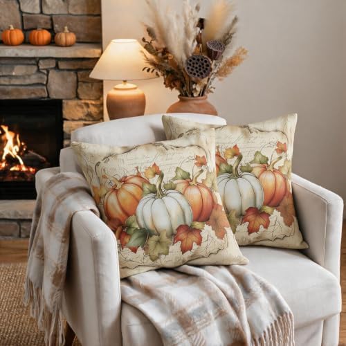 Fall Thanksgiving Pillow Covers 24x24 Set of 2, White Orange Pumpkin Maple Leaves Harvest Autumn Decorative Throw Pillow Cases Outdoor Vintage Rustic Farmhouse Decor for Sofa Couch Bed - Image 3