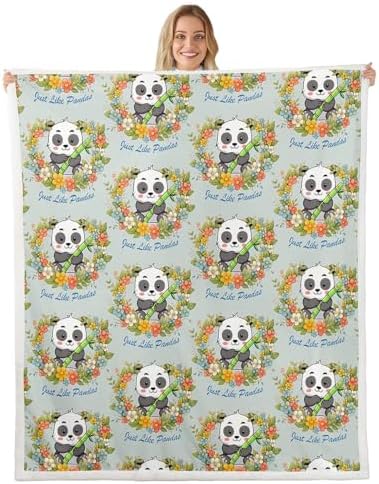 Cute Kawaii Panda Sherpa Blanket Cartoon Wild Animal Pandas Throw Blanket Bedroom Living Room Soft Cozy Green Leaves Print Blankets Decor for Bed Couch Sofa Green Black White Flannel Blankets 40"x50" by CastleFairy