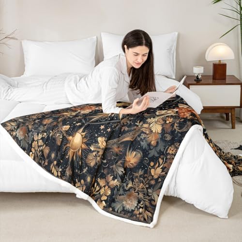Boho Sun Moon Sherpa Blanket Mysterious Galaxy Throw Blanket Bedroom Living Room Soft Cozy Retro Flowers Plant Blankets Decor for Bed Couch Sofa Black Gold Flannel Blankets 40"x50" - Image 4