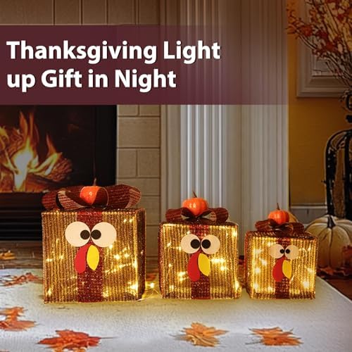 [Timer & 8 Modes] 3 Pack Thanksgiving Decorations Turkey Lighted Gift Boxes - Image 6