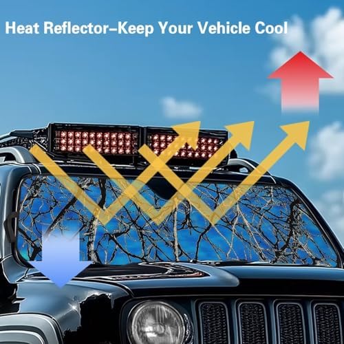 Renewold Car Windshield Sunshade Front Window Sun Visor Summer Sunlight UV Rays Heat Sun Shade Compatible with Jeep Wrangler JK JKU JL 1997-2023 2/4 Door Blue Camo Hunting Easy Install Cover Shield