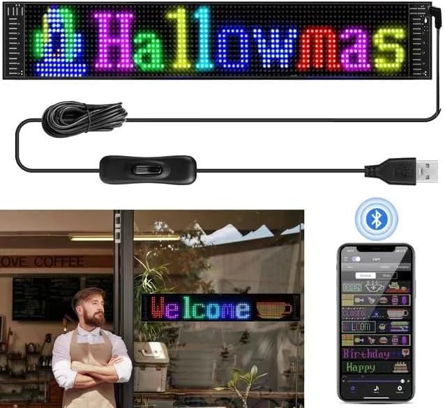 Flexible LED Matrix Panel, Bluetooth App Programmable LED Car Sign, DIY Scrolling Text Animation Graffiti LED Screen, Waterproof USB 5V LED Display for Car Window, Store, Party (13.7"x4.0")