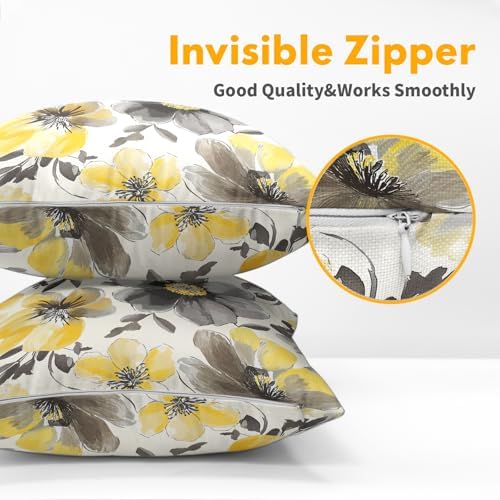 Summer Pillow Covers 24x24 Inch Set of 2, Floral Throw Pillow Covers Yellow Gray Pillowcase, Watercolor Decorative Seasonal Spring Flower Cushion Case Couch for Indoor Outdoor Home Decor - Image 5