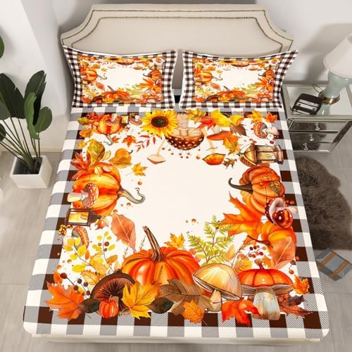Buffalo Plaid Pumpkins Mushrooms Bedding Set King,Vintage Fall Harvest Theme Bed Sheets For Home Bedroom,Autumn Maple Leaves Sunflower Sheet Set Thanksgiving Gifts Flat Sheet Orange Brown White 4Pcs - Image 2