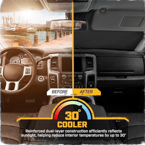 Windshield Sun Shade for Dodge Ram 1500 2010-2018, Foldable Front Window Sunshade, UV Heat Blocker, Interior Protection Sun Shield, Keeps Truck Cab Cool, Heavy-Duty Truck Accessory - Gray Camo
