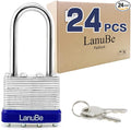 LanuBe Laminated Padlock 1-9/16inch Long Shackle 24 Pack Keyed Alike, Bulk Locks by LanuBe