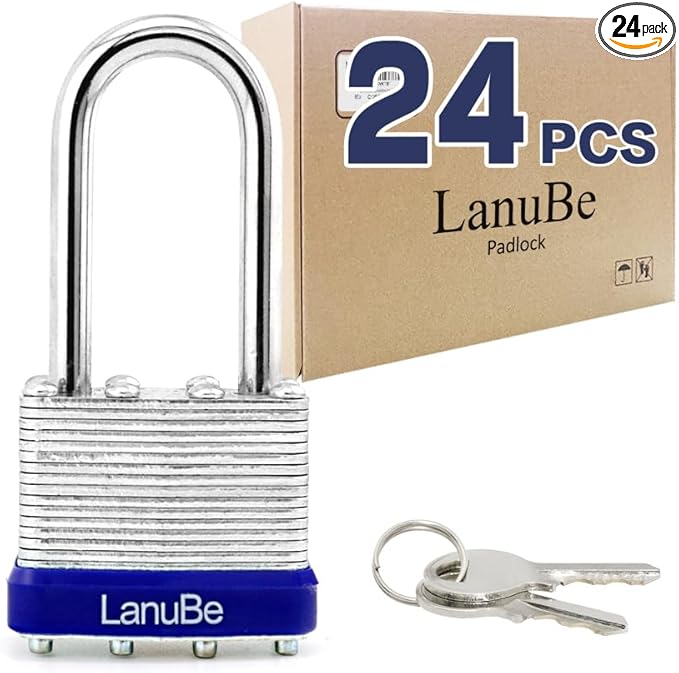 LanuBe Laminated Padlock 1-9/16inch Long Shackle 24 Pack Keyed Alike, Bulk Locks by LanuBe
