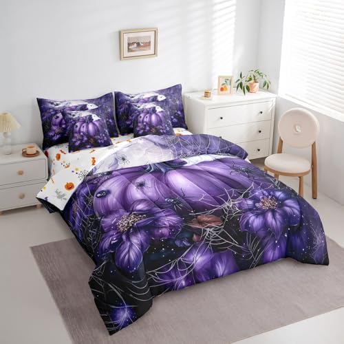 Erosebridal Halloween Pumpkin King Comforter Set 7 Piece,Gothic Purple Floral Bedding Set with Sheets Spooky Ghost Bed in A Bag for Kids Adults,Spider Web Decor Bed Set with Comforter - Image 3