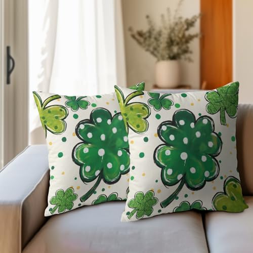 St Patricks Day Pillow Covers 16x16 Set of 2 Shamrock Clover Throw Pillow Covers Rustic Spring Pillowcase Linen Decoration Farmhouse Decorative Green Cushion Case Couch for Indoor Outdoor Home Decor - Image 3