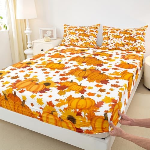Fall Pumpkin Bed Sheets Twin Autumn Maple Leaves Bedding Set Thanksgiving Harvest Season Decor Sheet Set For Home,Rustic Farmhouse Sunflower Fitted Sheet Orange White Flat Sheet + 1 Pillow Case - Image 6