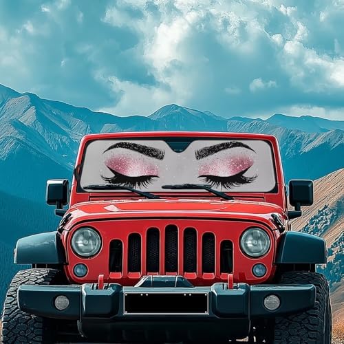 Renewold Eyelash Car Windshield Sunshade Car Front Window Sun Shade for Jeep Wrangler JK JKU JL JLU 1997-2023 2 & 4 Door Jeep Gladiator Auto Sun Blocker Visor Shield Decor Cover Keep Vehicle Cool