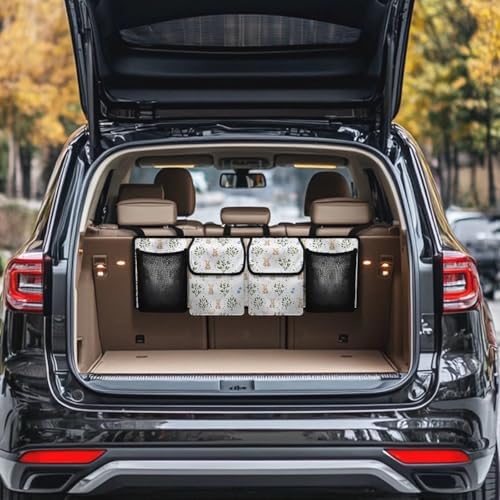Cute Rabbit Print Car Trunk Organizer with 4 Pockets Foldable Car Backseat Storage Bag Detachable Car Storage Accessories for SUV Sedans Hatchback Crossover Minivan