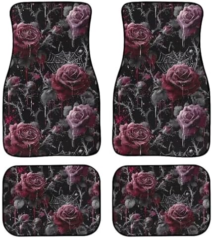 Rose Non-Slip Car Mats Set, Bloody Rose Spiderweb Vehicle Floor Mats for Cars Carpet Car Accessories, Gothic Garden Front & 2nd Row Floor Mats for Driver Seat