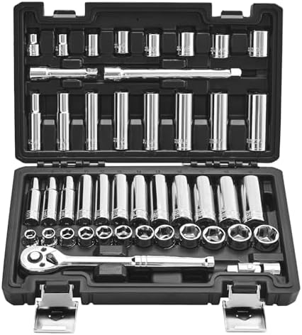 VEVOR Socket Set, 44 Pieces, 3/8 inch Drive Socket and Ratchet Set, SAE and Metric, Deep and Shallow, Mechanic Tool Kit with Accessories and Storage Case, CR-V Alloy Steel, for Automotive Repair by VEVOR