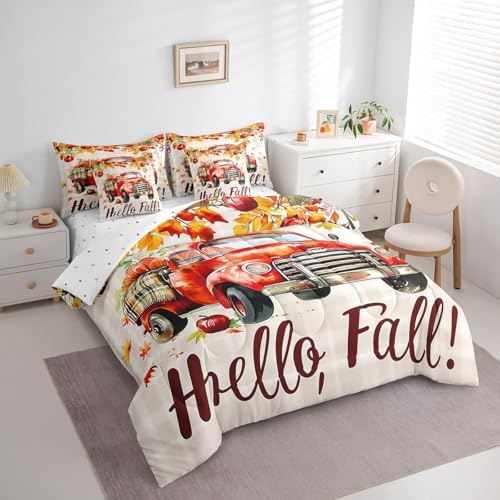 Erosebridal Pumpkin Truck Bed in A Bag with Sheets Thanksgiving Harvest Twin Comforter Set 7 Piece,Country Watercolor Maple Leaves Bedding Set for Kids Adults,Rustic Farmhouse Bed Set - Image 3