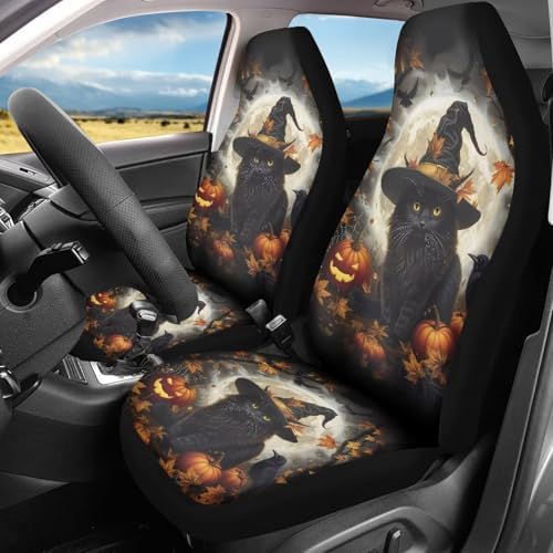 Talayituse Cat Pumpkin Witch Maple Leaf Print Car Seat Covers Front Set Car Seats with Elastic Band, Universal Fit Automotive Seat Covers Thanksgiving Halloween Decor for SUV, Sedan, Van