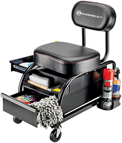 Powerbuilt Professional Car Detailers Mechanics Roller Seat, Heavy Duty Garage Stool with Thick Padded Seat and Backrest, 2 Sliding Storage Drawers, Tool Tray, Can Holders, 3in. Swivel Casters–240299 - Image 5