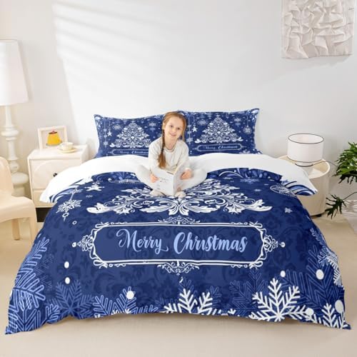 Merry Christmas Kids Duvet Cover Set Twin Size,Christmas Tree Paisley Boho Bedding Set,Girls Boys Adults Room Decor,Snowflake Bell Holiday Comforter Cover,Blue Romantic Quilt Cover,1 Pillowcase by Manfei