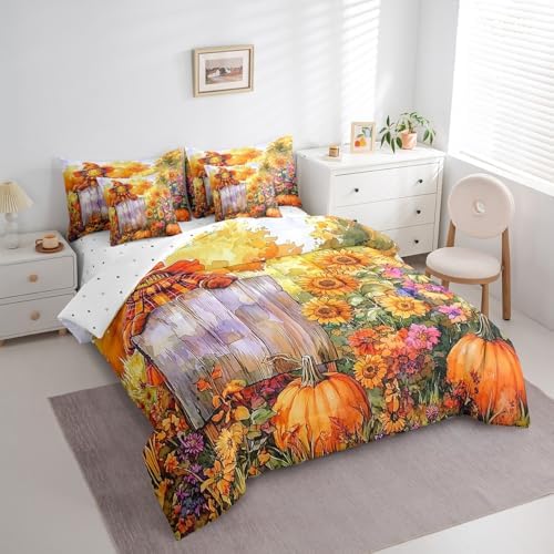 Erosebridal Rustic Fall Bedding Set Twin 7 Piece Farmhouse Scarecrow Bed in A Bag Country Pastoral Sunflower Pumpkin Comforter Set for Kids Adults Watercolor Autumn Sheet Set with Comforter - Image 3