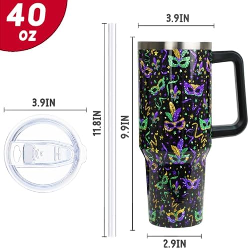 Mardi Gras Tumbler 40 oz Carnival Masks Tumbler Coffee Mugs Leak Proof Cups with Handle and Straw Stainless Steel Insulated Water Bottle for Mardi Gras Decor Gifts(1PCS) - Image 2