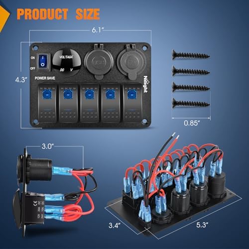 Nilight 5 Gang Rocker Switch Panel Toggle Power Control 12V 24V Pre-Wired