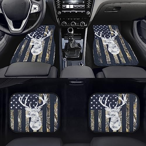 Camo Deer Car Floor Mats Set of 4,USA Camo Buck Deer Hunting American Flag Vehicle Front Rear Carpets Mats Universal Car Floor Rugs Non-Slip Auto Car Decor Accessories for Car SUV Van Truck