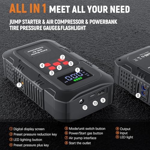 6000A Jump Starter with Air Compressor, Portable Car Battery Jump Starter with 150 PSI Tire Inflator for Up to 10.0L Gas and 8.0L Diesel Engines, 12V Jump Box with LCD Display - Image 5