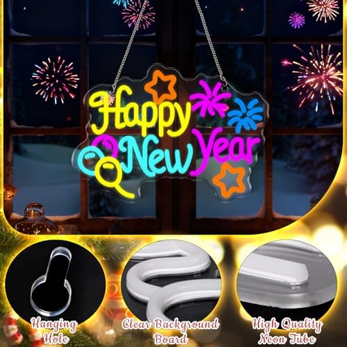 Happy New Year Neon Sign Light USB Powered LED Happy New Year Neon Sign Balloon Fireworks Window Lights for Bedroom Wall Decor 2026 Spring Festival Party Supplies - Image 4