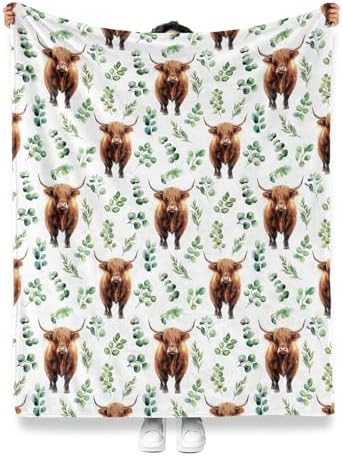 Jekeno Highland Cow Gifts Blanket for Women Girls Mom Friends Birthday Valentines Christmas Watercolor Animal Plant Leaves Print Presents Decor Farmhouse Home Sofa Couch Kids Adults Soft Throw 50"x60" - Image 3