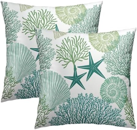 Summer Ocean Themed Nautical Coastal Throw Pillow Covers 22X22 Inches Set of 2 Aqua Teal Seashell Starfish Coral Pillowcase Soft Cotton Square Cushion Covers for Home Sofa Patio Bedroom Decoration by Sweetshow