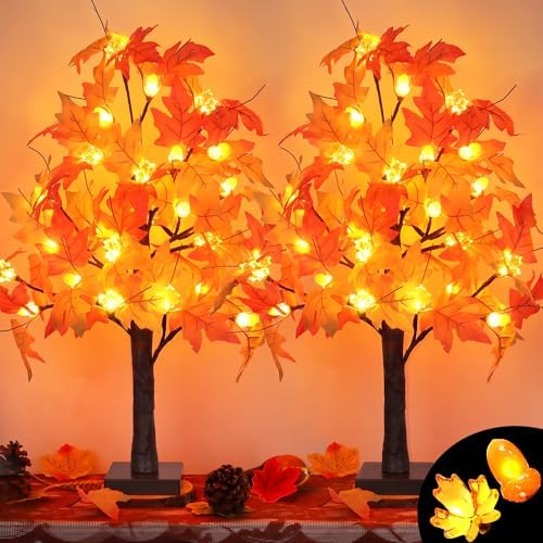 2 Pack 24 Inch Artificial Lighted Maple Tree with 48 LEDs Timer Fall Thanksgiving Decorations Battery Operated Prelit Acorn Maple Tree Lights for Thanksgiving Table Decor Home Indoor Autumn Harvest by Unknown
