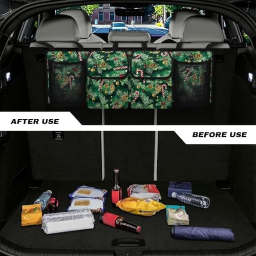 Christmas Pine Candy Car Trunk Organizer Car Backseat Storage Bag with 4 Pockets Hanging Trunk Cargo Storage Universal Auto Accessories for Sedans SUV Trucks Van