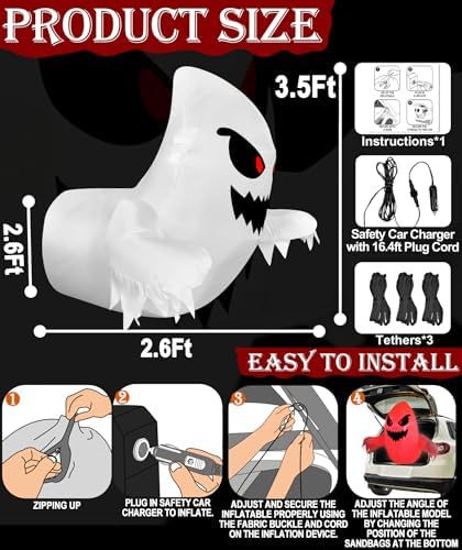 TURNMEON 3.5FT Halloween Inflatable Ghost Trunk or Treat Car Decoration Kit Broke Out from Car Decor SUV Build-in LEDs Blow up Halloween Outdoor Decorations Party Lawn Yard - Image 3