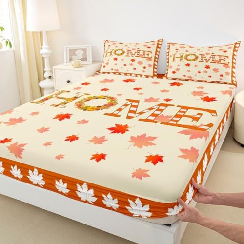 Erosebridal Fall Decor For Bedroom,Maple Leaf Pumpkin Wreaths Bed Sheets Full Thanksgiving Sheet Set Home,Rustic Farmhouse Bedding Fitted Orange Flat 2 Pillow Cases - Image 6