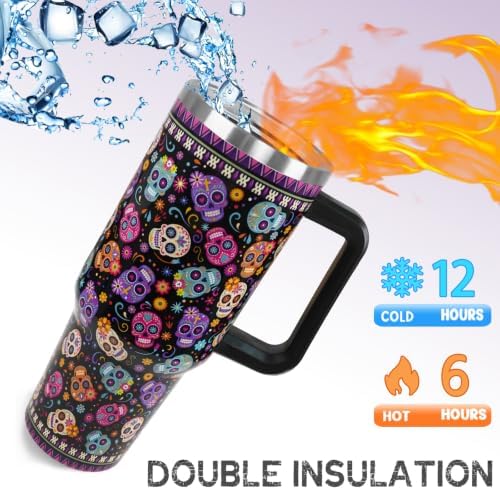 Halloween Day of the Dead Tumbler with Handle 40oz Sugar skull Coffee Travel Mug Stainless Steel Insulated Cups Halloween Dia De Los Muertos Altar Decor Gifts - Image 4