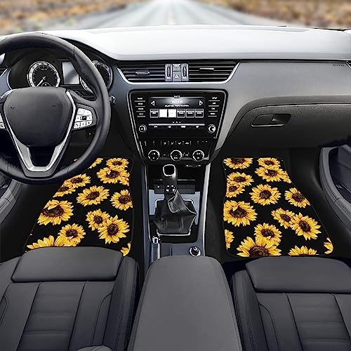Sunflower Car Floor Mats Set of 4, Cute Yellow Flowers on Black Background Floral Vehicle Front Rear Carpets Mats, Universal Floor Rugs, Non-Slip Auto Accessories for SUV, Van, Truck