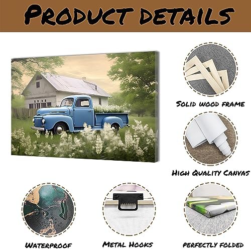 QIXIANG Farmhouse Blue Truck Canvas Wall Art for Bedroom Decor Country Old Barn and Flower Paintings Pictures for Home Decor with Framed (16.00" x 24.00", Blue) - Image 6