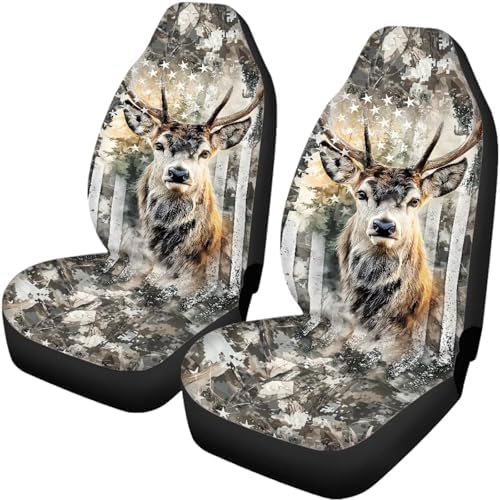 Vintage US Flag Hunting Deer Print Car Seat Covers 4Pcs Front & Rear Breathable Seat Covers Universal Fits for Truck, Sedan, SUV Auto Interior Protector Car Accessories