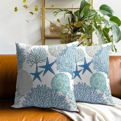 Summer Ocean Themed Nautical Coastal Throw Pillow Covers 18X18 Inches Set of 2 Blue Seashell Starfish Coral Pillowcase Soft Cotton Square Cushion Covers for Home Sofa Patio Bedroom Decoration - Image 7