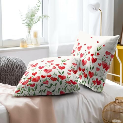 Valentine's Day Flower Throw Pillow Covers 22X22 Inches Set of 2 Red Love Heart Floral Pillowcase Soft Cotton Square Cushion Covers for Anniversary Wedding Home Sofa Bedroom Decoration - Image 6