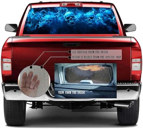 Country Skull Truck Rear Window Graphic Decals, Mystery Abstract Horror Skeleton Blue Flame Pickup Car Window Stickers Truck Back Window Film Decal for Trucks SUV 66 x 22 inch