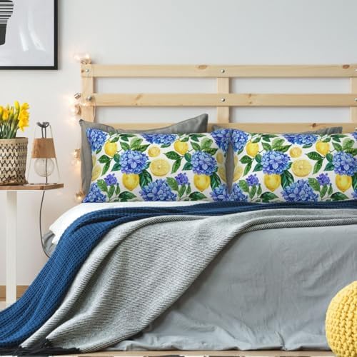 KiuLoam Summer Lemon Hydrangea Lumbar Pillow Covers 12x20 Set of 2 Blue Yellow Floral Decorative Throw Pillow Covers Outdoor Farmhouse Cushion Cases for Sofa Couch Bed Living Room Decor - Image 3