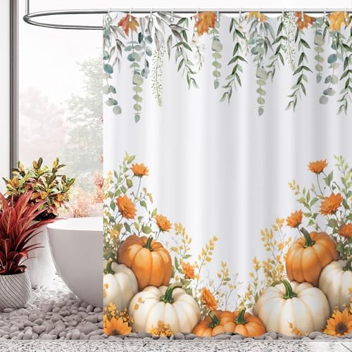Fall Pumpkin Shower Curtain, Watercolor Autumn Harvest Pumpkins Wildflowers Green Leaves on the Top Thanksgiving Day Bathroom Curtain Waterproof Fabric Machine Washable with Hooks, 36"Wx72"L - Image 2