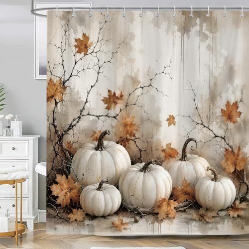 Fall Vintage Pumpkin Shower Curtain, Retro Autumn Maple Leaves Thanksgiving Harvest Farmhouse Bathroom Accessories Decor, Waterproof Fabric Bath Decor with Hooks 72 x72 Inch - Image 3