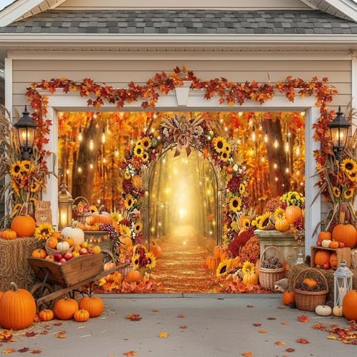 Fall Garage Door Cover 8x6ft Pumpkin Sunflower Arch Thanksgiving Decor - Image 4