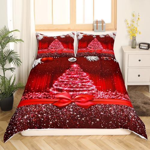 Merry Christmas Kids Duvet Cover Set Full Size,Snowflake Christmas Tree Bowknot Bedding Set,Girls Boys Adults Room Decor,Red Gradient Lines Glitter Comforter Cover,Romantic Quilt Cover,2 Pillowcases - Image 2